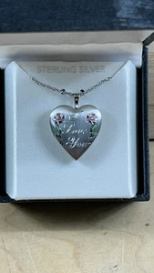Sterling Silver 925 I Love You Rose Heart Locket Pendant Necklace 18" 1990's NEW - Picture 1 of 7
