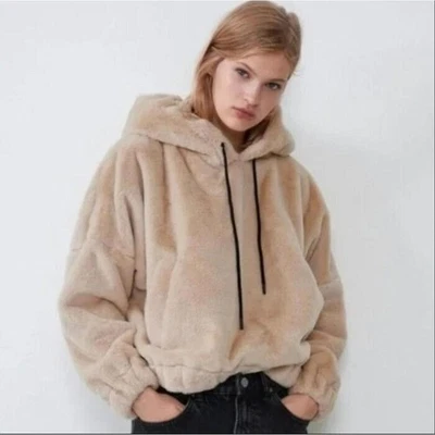 Женская толстовка с капюшоном Zara Teddy Bear из искусственного меха пушистая, размер M, желтовато-коричневая светло-коричневая черная - Изображение 1 из 4