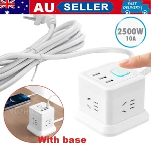 Cube Power Board Strip 3 USB 4 Socket Outlet Extension Charger Charging &AU Cord - Picture 1 of 18