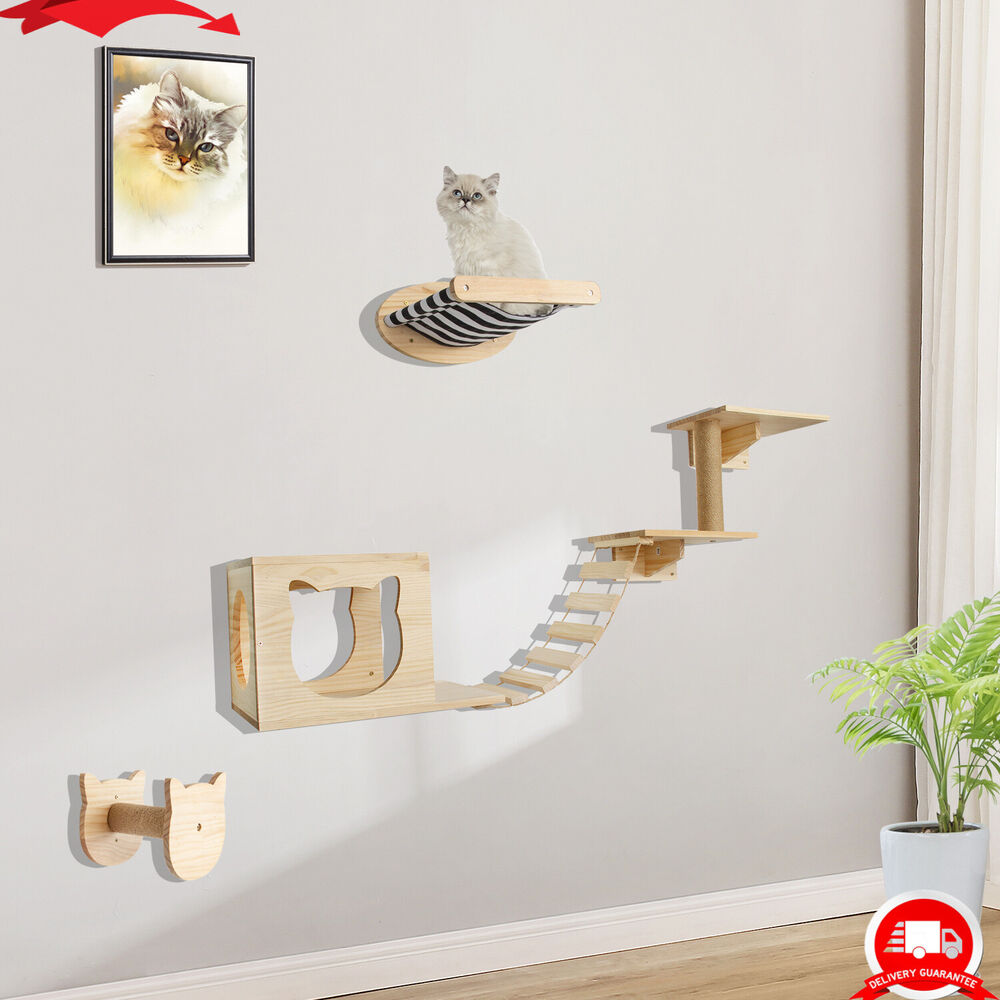 Cat Wall Mounted Wood Scratching Post Furniture Set with Bridge Ladder & Hammock