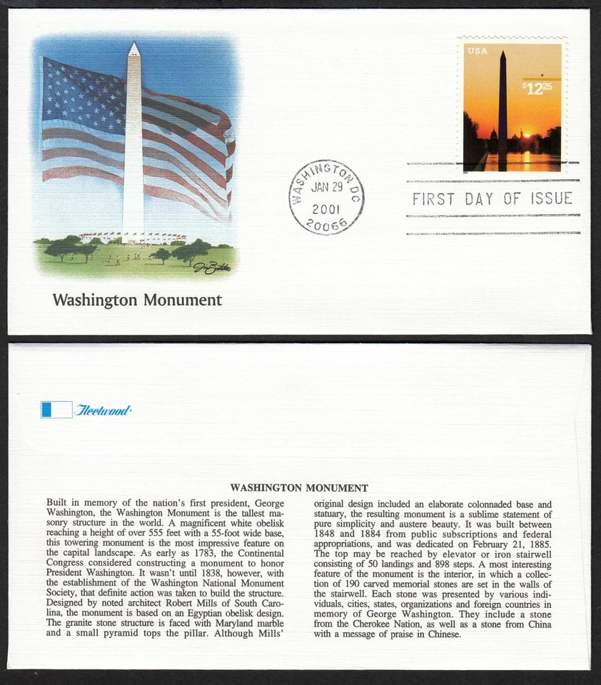 2001 Sc 3473 $12.25 Washington Monument first day cover, Fleetwood - Image 1 of 1