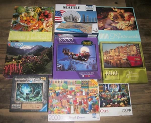USED LOT OF 9 JIGSAW PUZZLES 2,000 1,500 1,100 1,000 PIECES SEATTLE 4D WOLF CAT - Picture 1 of 10