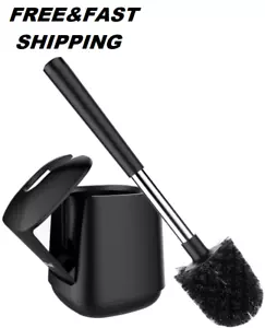 Toilet Brush and Holder Set with Self Closing Lid, Extra Long Handle, Black - Picture 1 of 7
