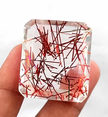 Red Rutilated Quartz 120 Ct Certified Emerald Cut 38x33mm Loose Stone 5DOY - Image 1 of 4