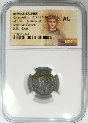 Констанций II Римская империя BI Nummus AE3/4 NGC AU Древний Epfig Клад Родословная - Изображение 1 из 4