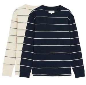 EX M&S langärmeliges Herren-T-Shirt TOP reine Baumwolle schwer gestreifter Schweiß BR451 - Bild 1 von 9