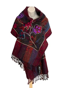Neu! Crewel Blumen bestickt Schal Schal mit Fransen 100% Wolle 72" x 26", Boho - Bild 1 von 12