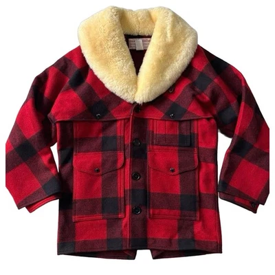 Filson Wool Packer Coat Shearling Collar Red Black Made in USA Size 38 Rare F/S - Image 1 of 4