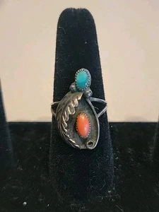 Anillo Vintage Plata Esterlina Turquesa Rojo Coral Nativo Americano Hoja AG Sombra - Imagen 1 de 13