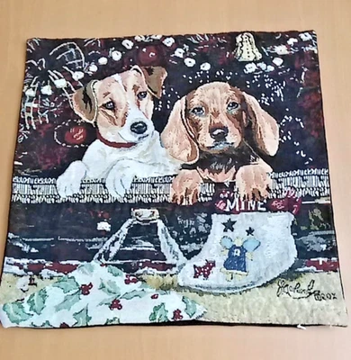 Collections Etc. Two Puppies Dogs Christmas Tapestry Zip 16" Throw Pillow Cover - Image 1 of 4