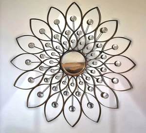 Sunburst Wall Mirror w/ Crystals - Modern Bronze Home Decor Accent 34" Round - Picture 1 of 12