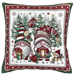 French Pillow Cover Jacquard Woven Christmas Dwarves 18X18 Made in France - Picture 1 of 5