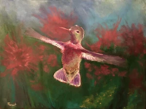 Colibrí Tarde - Naturaleza Animal Pájaro Original 12x16 Pintura Acrílica Enmarcada - Imagen 1 de 2