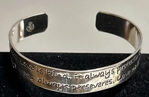 PREMIER DESIGNS Cuff Bracelet CORINTHIANS 1:13 LOVE IS PATIENT SILVER PLATED - Picture 1 of 3