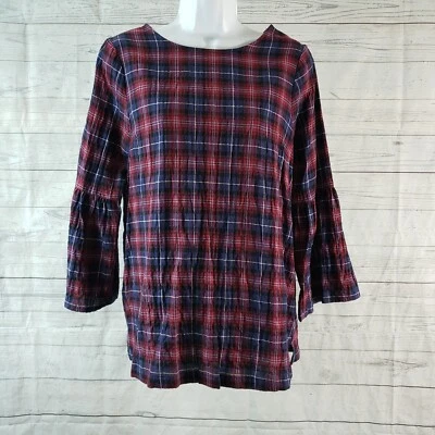 The Nines by Hatch Womens Top Sz Medium Purple Plaid Bell Sleeves Back Buttons - Image 1 of 4