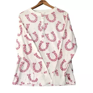 Panhandle Slim Henley Tee Womens XL Snap Neck Ivory Red Cotton Flannel Horseshoe - Picture 1 of 12
