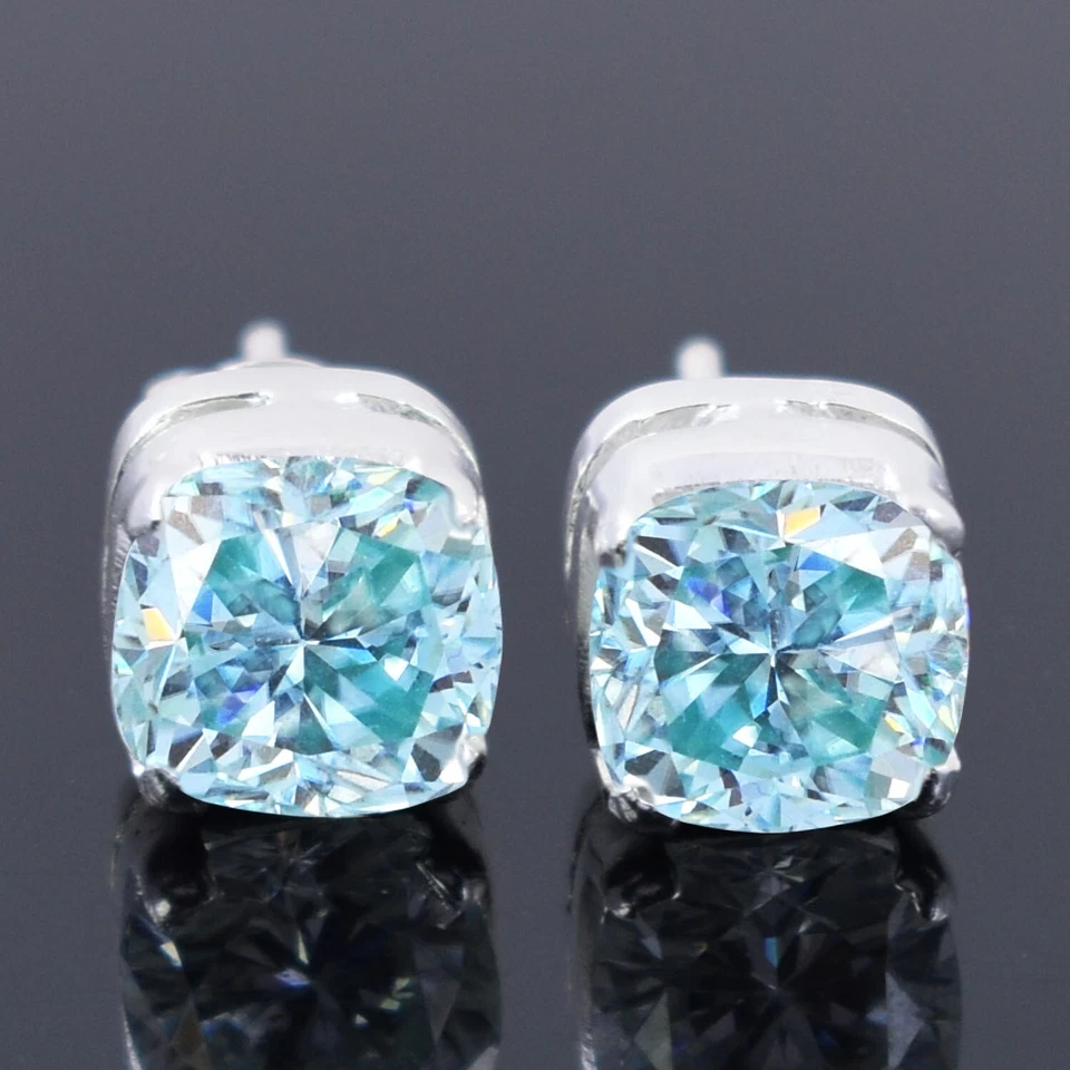 4 Ct Treated Certified Blue Diamond Solitaire Stud Earrings, 925 Sterling Silver - Image 1 of 4
