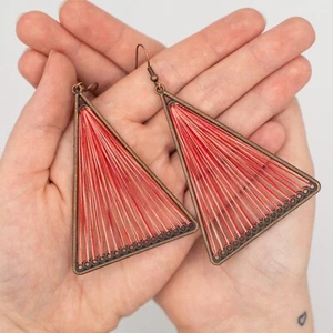 Red, Geometric Triangle Woven Cloth Boho/Bohemian Earrings - Picture 1 of 7