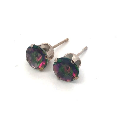 14K White Gold Round Mystic Topaz Solitaire Stud Earrings - Image 1 of 4