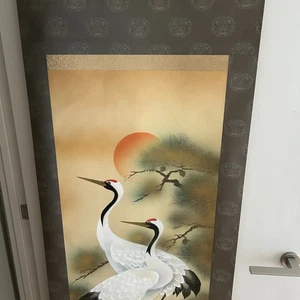 Pergamino colgante japonés vintage Kakejiku - Tsuru (grúa) con Tomobako... - Imagen 1 de 18