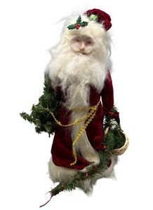 Santa Claus Figurine Faux Fur Beard & Velvet Robe Holding Christmas Tree READ - Picture 1 of 19