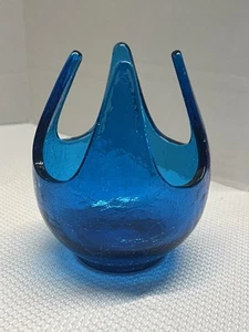 VIKING Bluenique Crackle Glass Patio Lite Candle Holder 5" Tall Mid Century 7019 - Picture 1 of 10