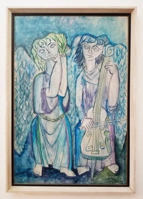 LARGE ANTIQUE ANGEL OIL PAINTING ~ SIGNED~ 1963 MID-CENTURY MODERN ~ FRAMED - Image 1 of 4