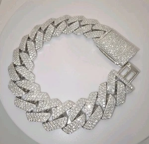 925 STERLING SILVER WHITE GOLD OVERLAY MOISSANITE  CUBAN LINK 18MM BRACELET 8.5" - Picture 1 of 6