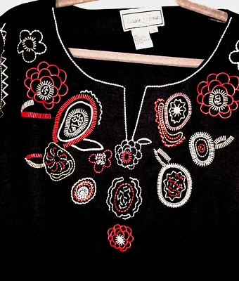 --НОВЫЙ С ЯРЛЫКАМИ L DG2 DIANE GILMAN ЧЕРНЫЙ ЛЬНЯНОЙ КРАСНЫЙ СИНИЙ БЕЛЫЙ ВЫШИТЫЙ ТОП #LV2 - Изображение 1 из 4