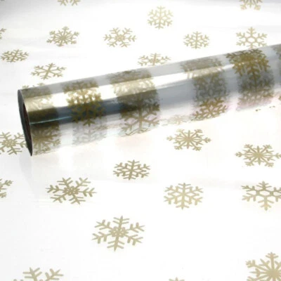 Large Gold Snowflakes Cellophane Christmas Pattern 1M - 50 Metres Gift Wrapping - Image 1 of 3