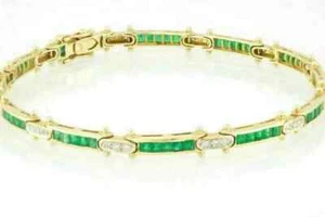 9Ct Princess Lab Created Emerald Tennis Bracelet 14K Yellow Gold Plated 7.5" - Picture 1 of 3