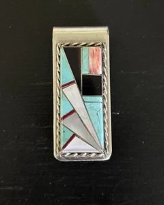 Vintage Zuni? Silver Money Clip With Inlaid Stones Abalone Turquoise Onyx - Picture 1 of 4