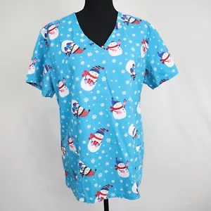 SB Scrubs Top Womens Medium Blue Snowman Winter Short Sleeve Medical Uniform - Picture 1 of 8