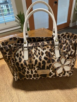Guess Leopard Purse Tote Bag Flower Keychain Faux Snakeskin Handles - Image 1 of 4