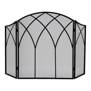 Gothic Fireplace Screen 3 Panel Handles Steel Black Gate Protector Accessory - Picture 1 of 12