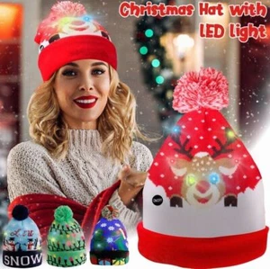 LED Christmas Winter Beanie Knit Hat Light Up Xmas Winter Warm Pom Pom Cap 2023 - Picture 1 of 21