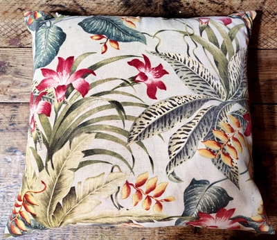 LG Vintage Bark Cloth Throw Pillow Tropical Flowers Foliage Pattern 16 x 16 in - Image 1 of 4