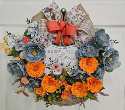 Guirnalda canasta bendición naranja y azul otoño, flores florales sintéticas Foto 1 de 4