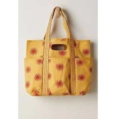 Free People Caravan Canvas Tote Sun Print Yellow Red Large Bag Boho Summer - Image 1 of 4