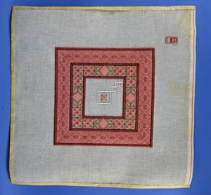 Completed Crewel Embroidery Design Concentric Squares Borders Pink Green Accents - Picture 1 of 3