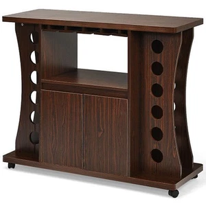 Rolling Buffet Sideboard Wooden Bar Storage Cabinet-Walnut - Picture 1 of 5