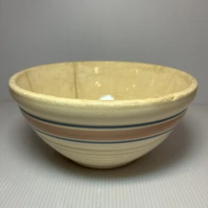 Antique Stoneware Beehive Mixing Bowl, Blue & Pink Banded, Primitive Farmhouse - Picture 1 of 15