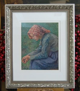 VTG FRAMED MATTED CAMILLE PISSARRO COLOR ART PRINT "A SEATED PEASANT WOMAN 1885" - Picture 1 of 24