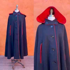 Vintage 60er Jahre schwarz Wolle Kapuze Umhang viktorianisch Gothic Mittelalter Ren Faire LARP - Bild 1 von 5