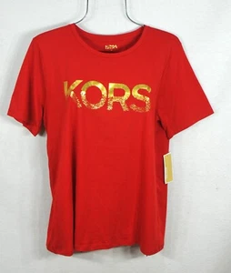 Michael Kors Women's Blouse L Red Crimson Kors Logo Short Sleeve Shirt Top NWT - Picture 1 of 9