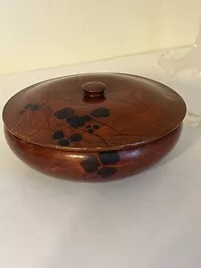 Antique Asian Lacquer Circular Lidded Bowl Mahogany Hand Carved & Painted Floral - Picture 1 of 15