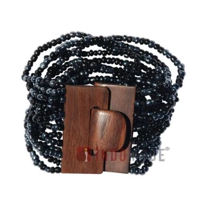Black and Hematite BALI Bracelet Hardwood Buckle Clasp Elastic Glass Beads - Picture 1 of 3