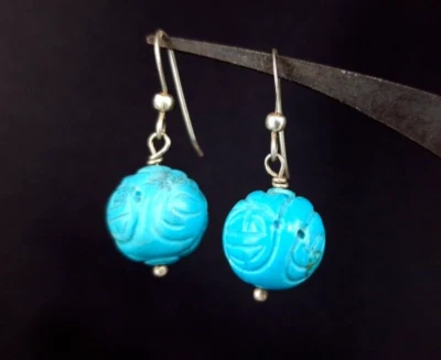 Ohrringe Silber 925 Türkis Kugeln - geschnitzt carved - zauberhaft Ohrhänger  - Bild 1 von 4