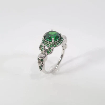 Flower Petal Skull Wedding Ring Lab Created Green Emerald Gothic Engagement Ring - Image 1 of 4