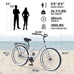 26 Inch Single Steel Frame Beach Cruiser Wide Wheels Rear Coaster - Picture 1 of 6
